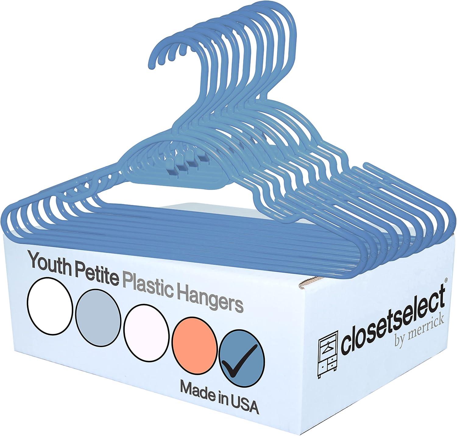 30 Pk Youth Petite Plastic Hangers, Medium Size Hangers, Petite, Preteen, Junior, Children Clothes Sizes 8 to 14, 30 Pack (Waltz Blue)