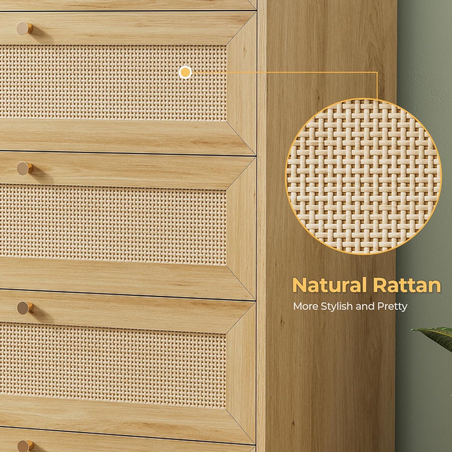 Natural Rattan and Wood Double Dresser with Six Drawers