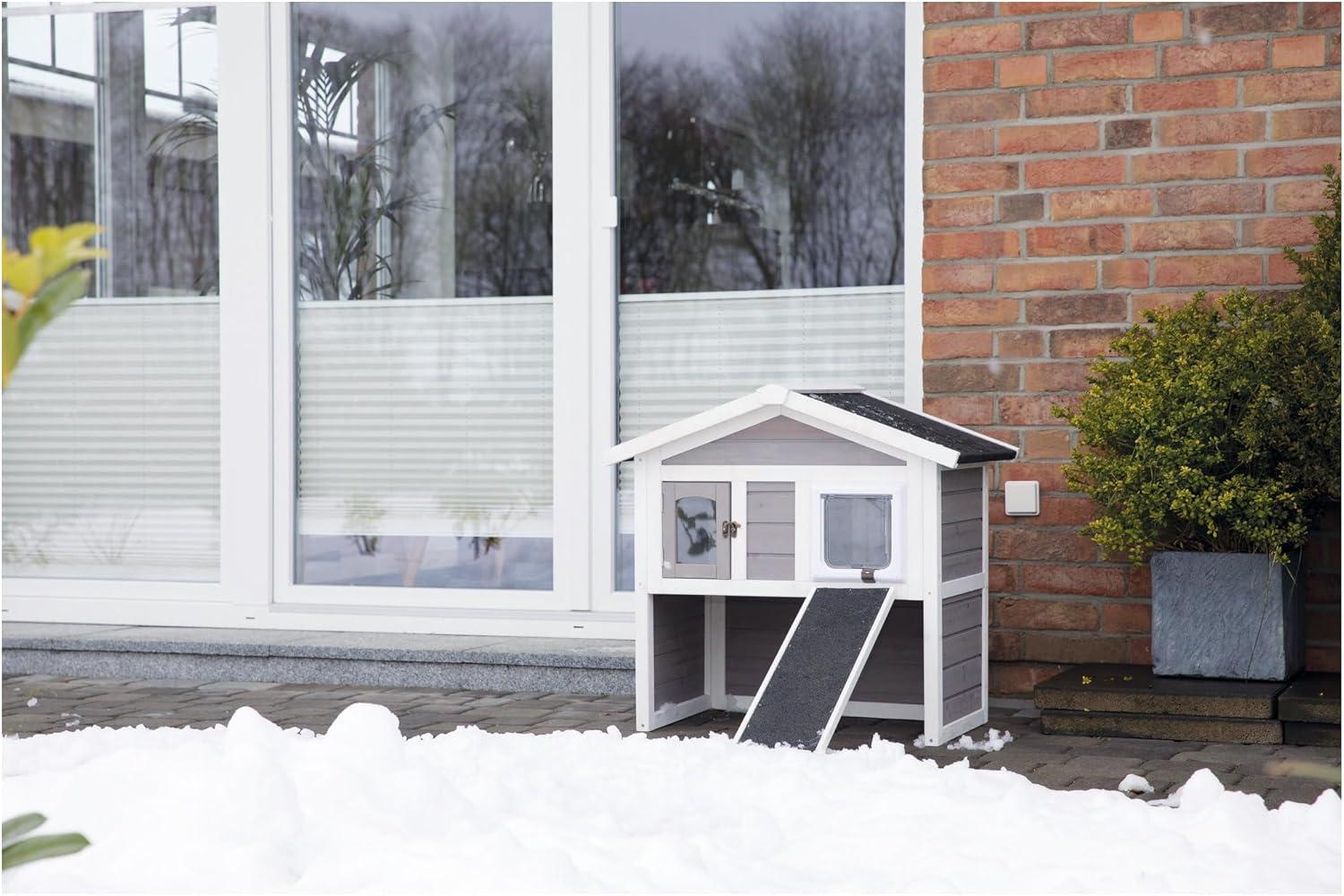 Gray and White 2-Story Insulated Outdoor Cat House with Ramp