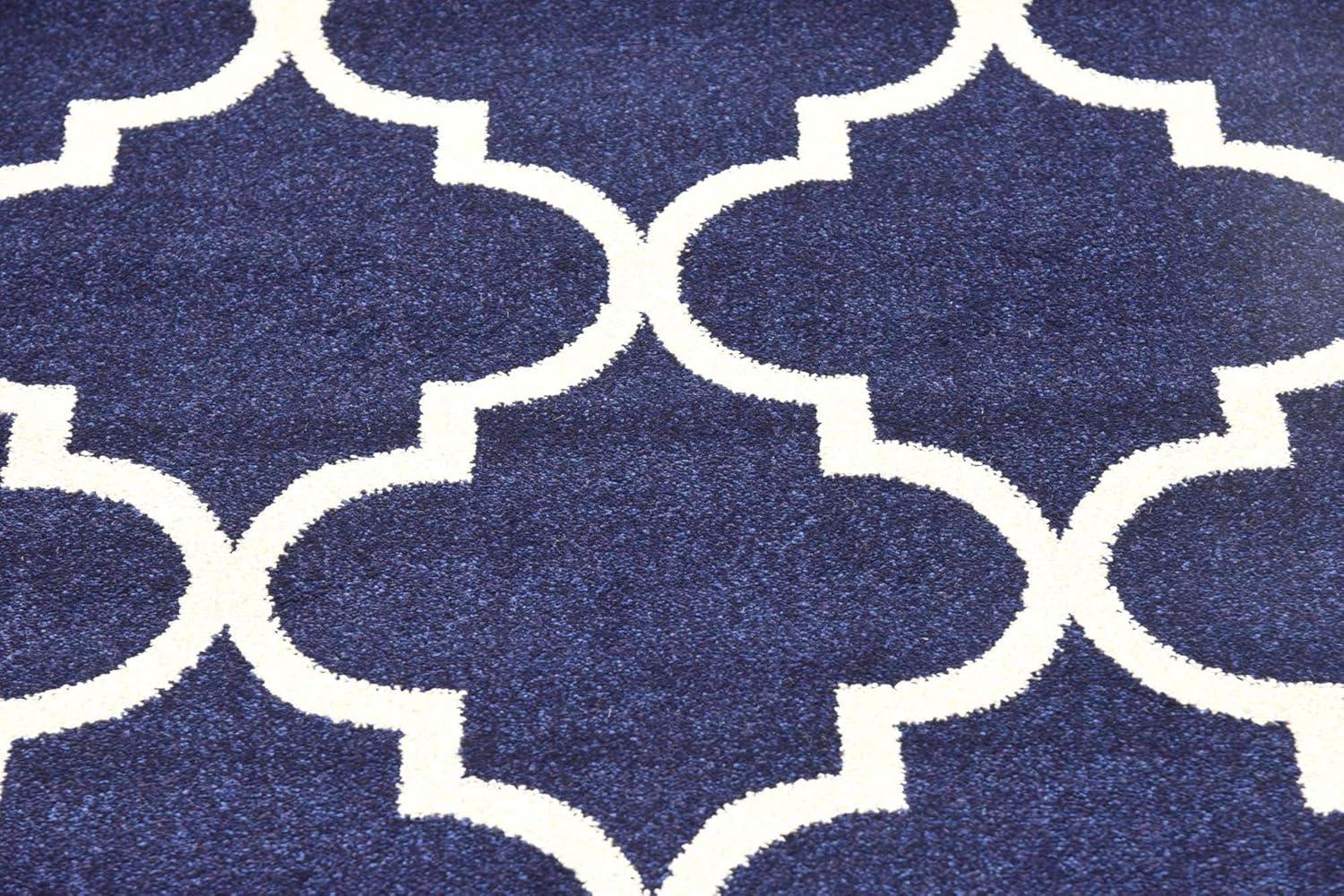 Navy Blue and Beige Trellis Synthetic Runner Rug