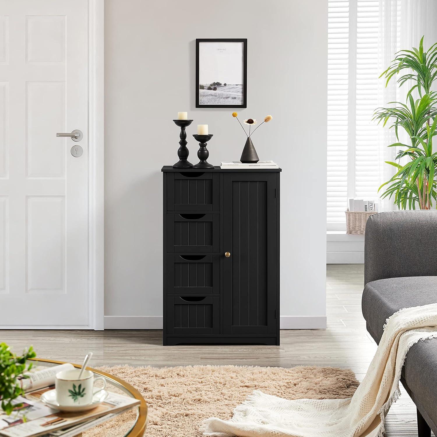 CodYinFI Wooden Bathroom Floor Cabinet, Free Standing Side Cabinet w/4 Drawers & 3 Tier Cupboard Storage Organizer Unit Hallway/Entryway Cabinet, Black