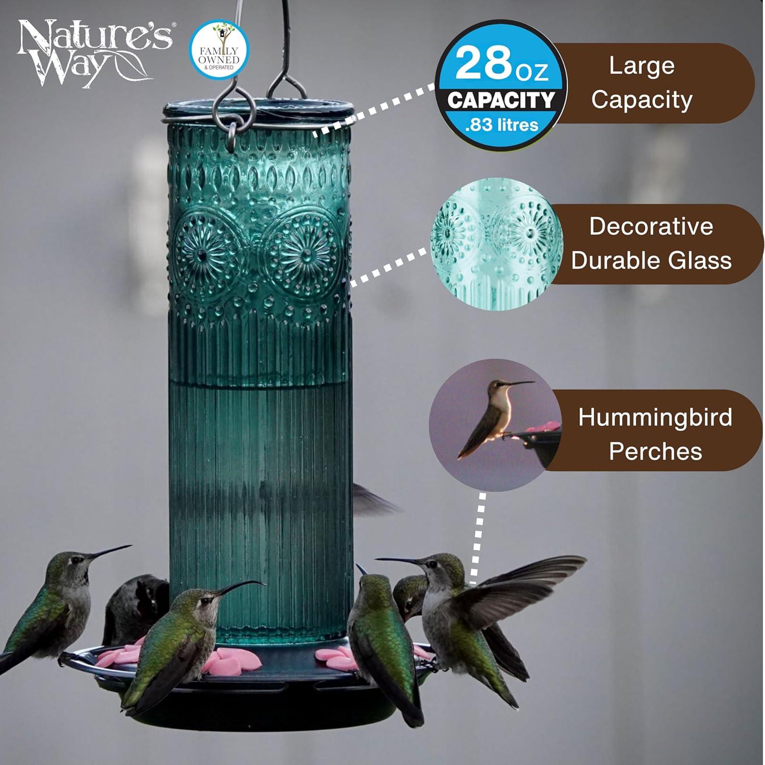 Nature's Way Antique Glass Gravity Hummingbird Feeder 28 oz, Antique Teal