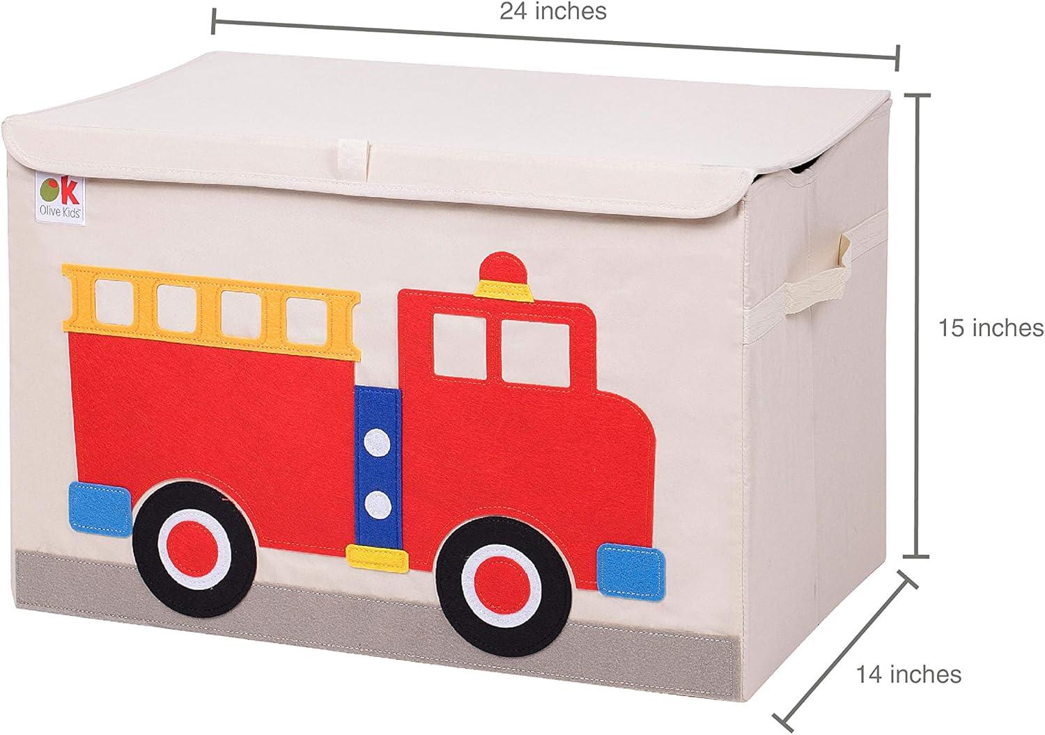 Kids Beige Fabric Toy Chest with Fire Truck Design