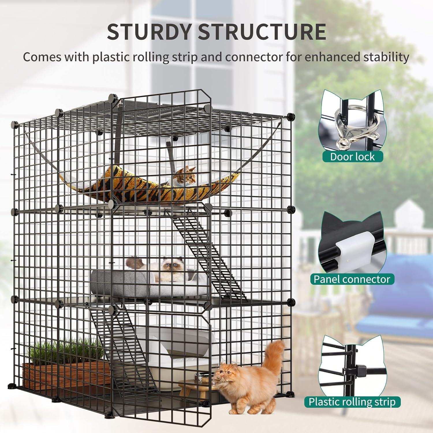 YITAHOME Cat Cage Indoor Catio DIY Cat Enclosures Metal Cat Playpen 3-Tiers Kennels Pet Crate with Extra Large Hammock for 1-2 Cats, Rabbit