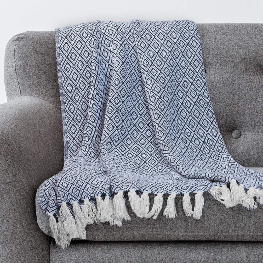 Navy and White Cotton Knitted Throw Blanket with Fringe