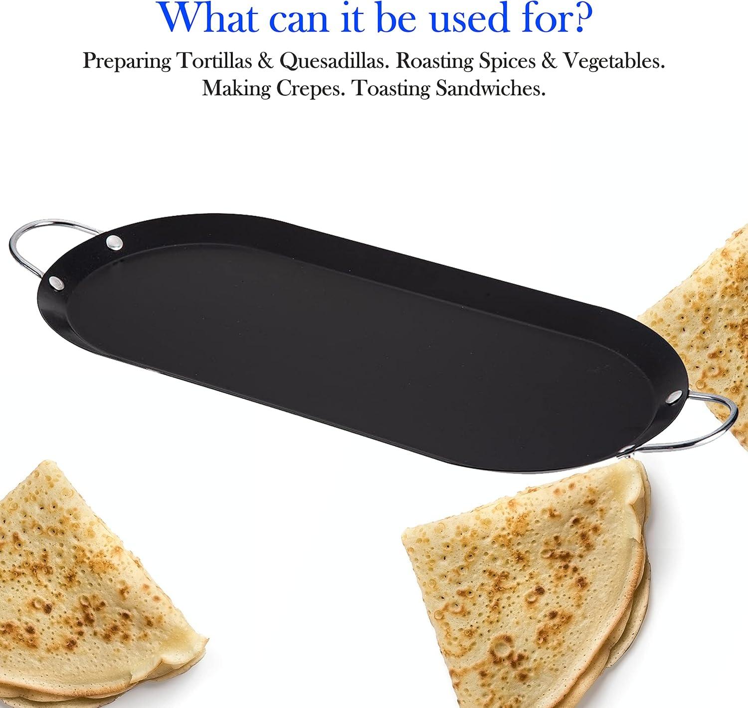 Black Carbon Steel Oval Comal Griddle with Double Handles