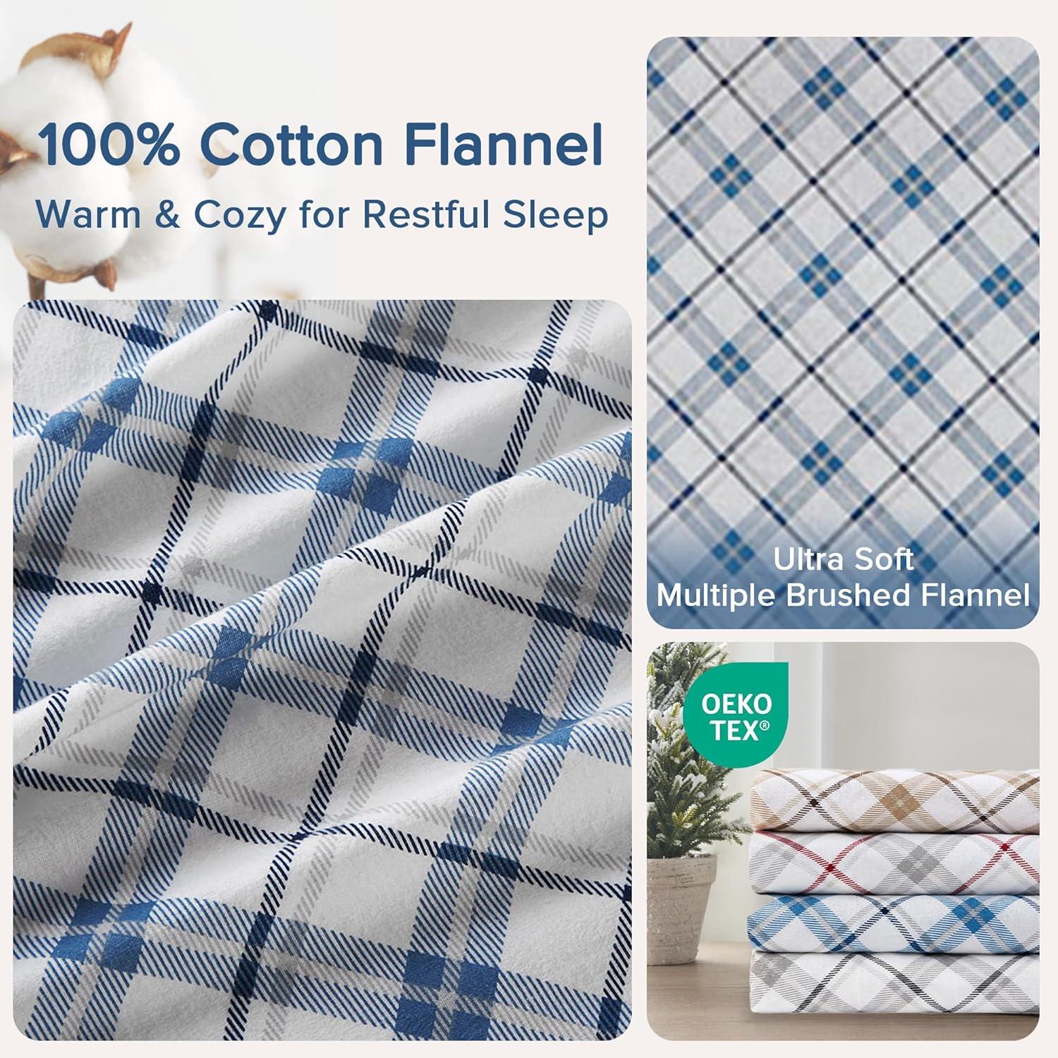 Comfort Spaces King Sheet Set, Flannel Bed Sheets King, 100% Cotton Bed Sheets Set with Deep Pocket, 4-Piece Plaid Blue