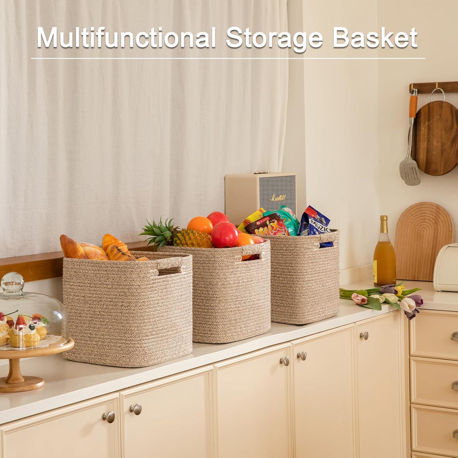 Set of 3 Beige Cotton Rope Woven Storage Bins