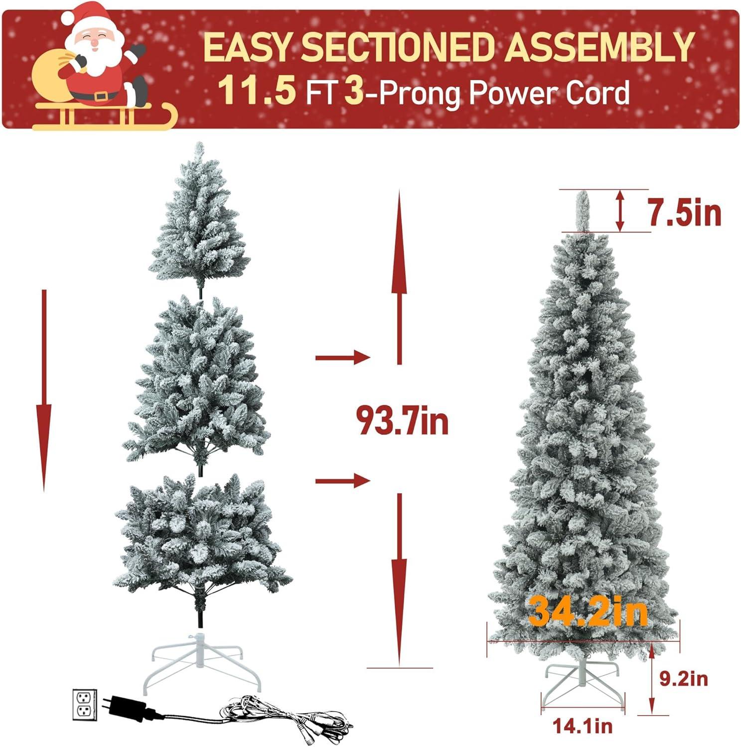 7.8ft White Flocked Pencil Christmas Tree with Warm LED Lights