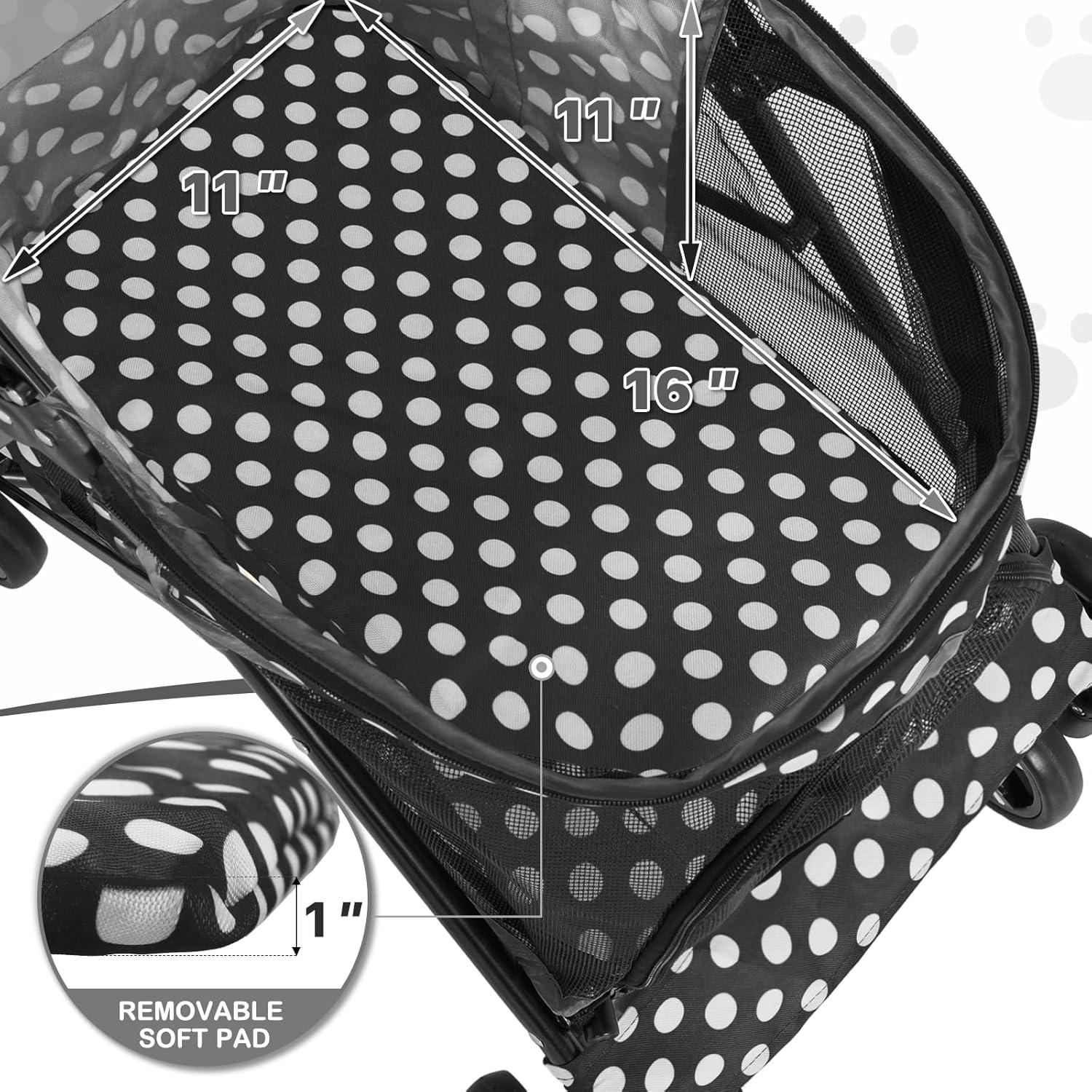 MoNiBloom 4 Wheel Foldable Lightweight Pet Trolley for Cats & Dogs, Black with White Polka Dots