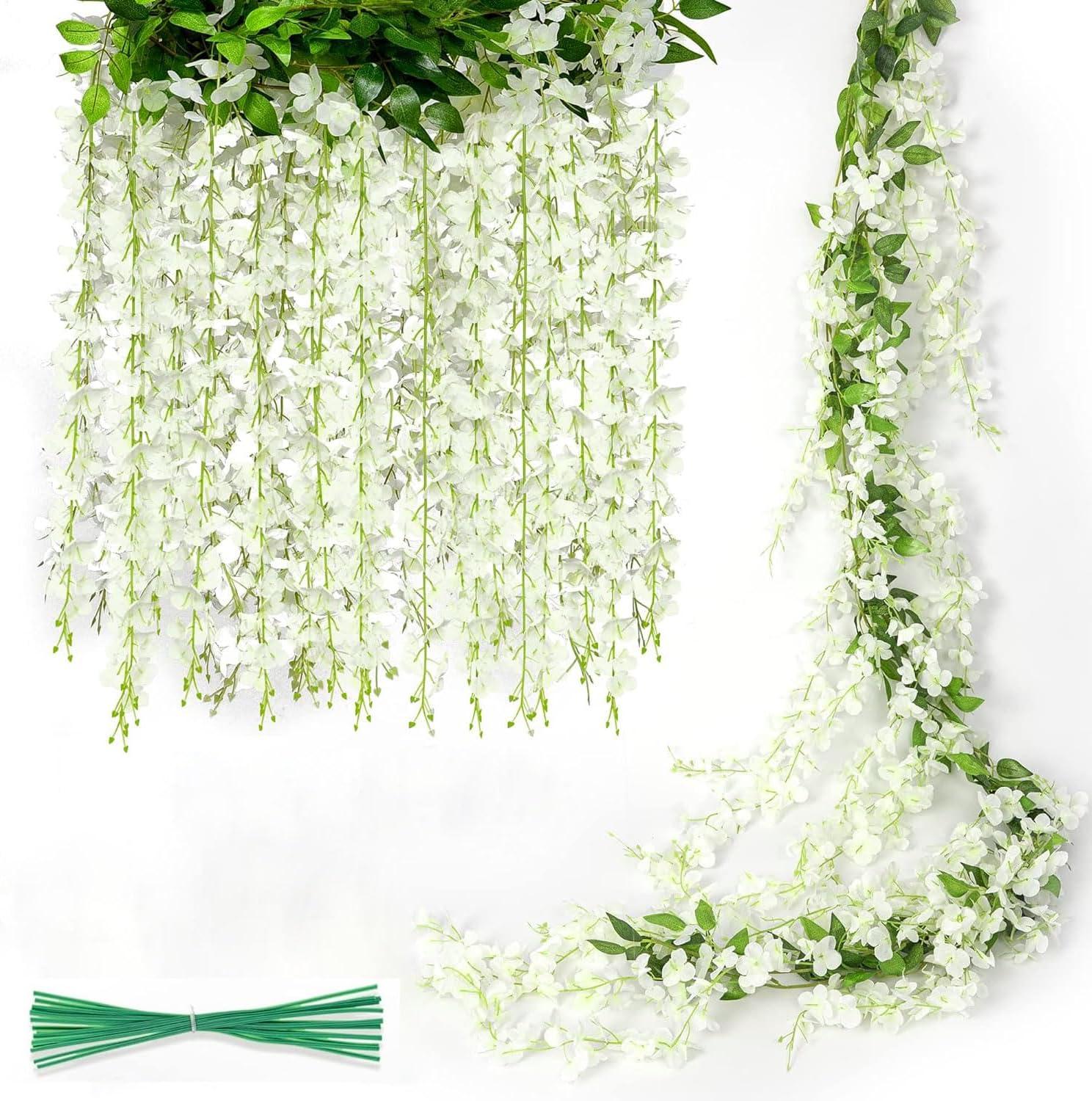 JACKYLED 40 Branches Wisteria Hanging Flowers 6 Feet Artificial White Vine Silk Wisteria Flowers Garland for Wedding Arch Party Garden Home Decor (4 Packs)