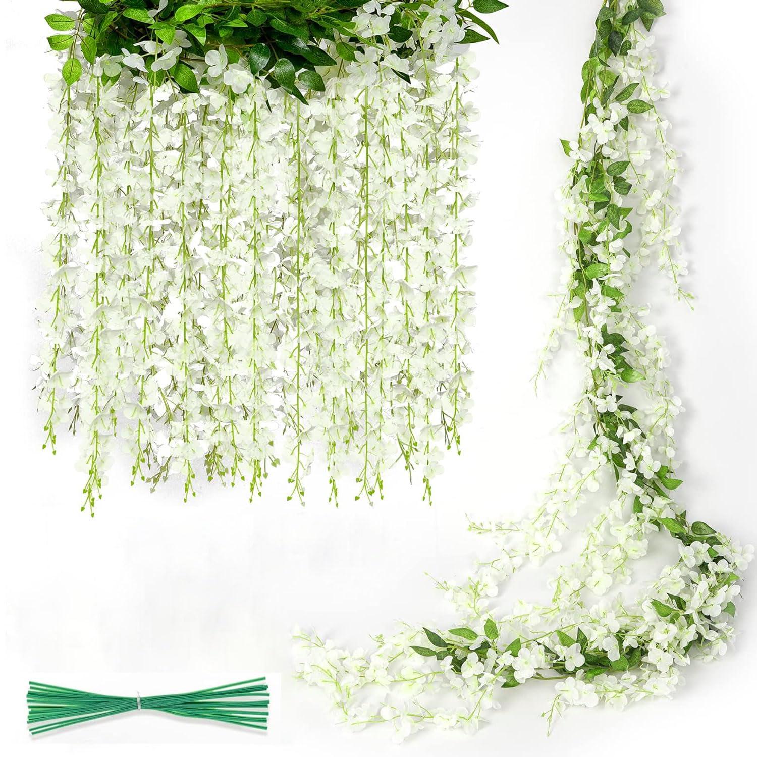 JACKYLED 40 Branches Wisteria Hanging Flowers 6 Feet Artificial White Vine Silk Wisteria Flowers Garland for Wedding Arch Party Garden Home Decor (4 Packs)