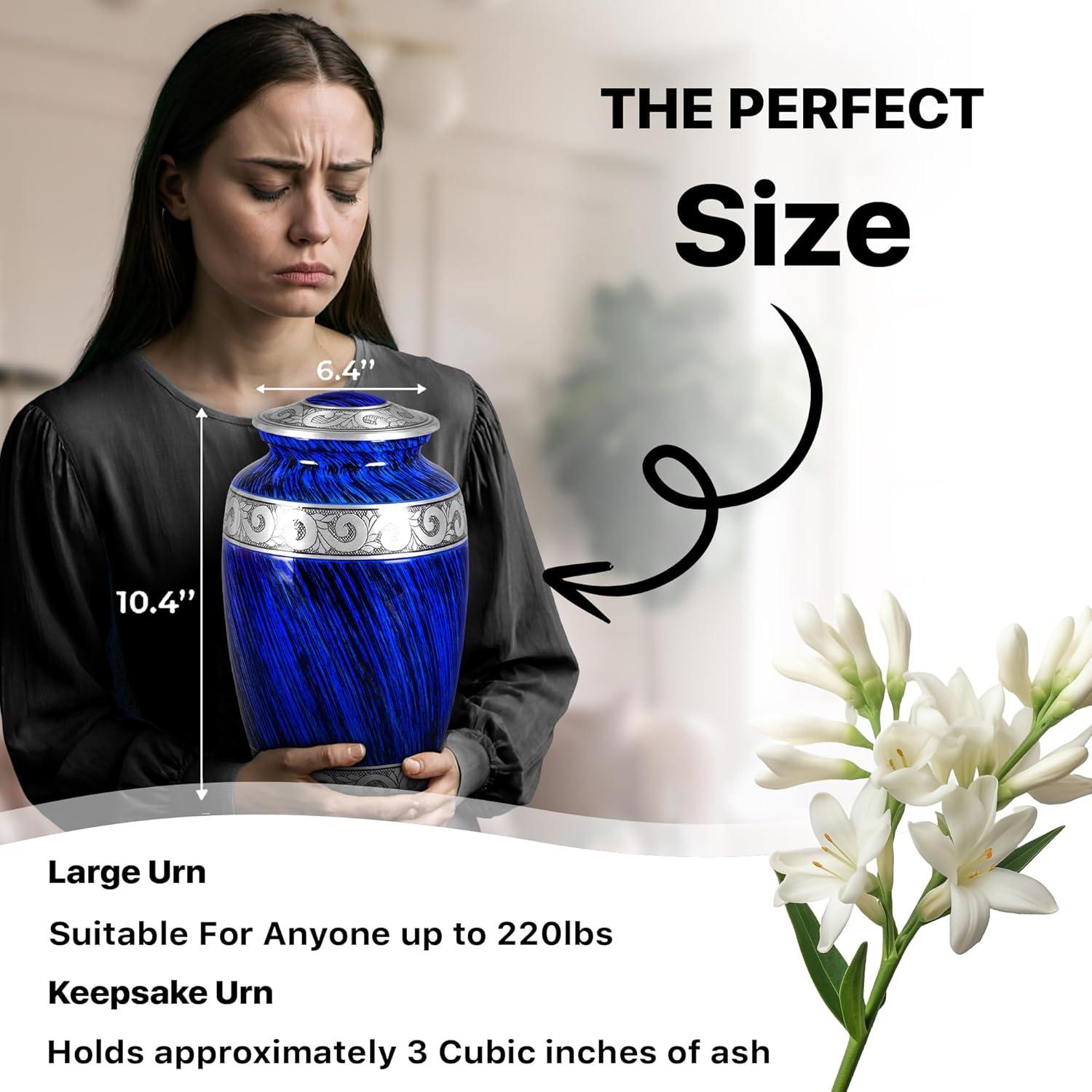 Hand-Engraved Blue Metal Urn with Necklace for Ashes