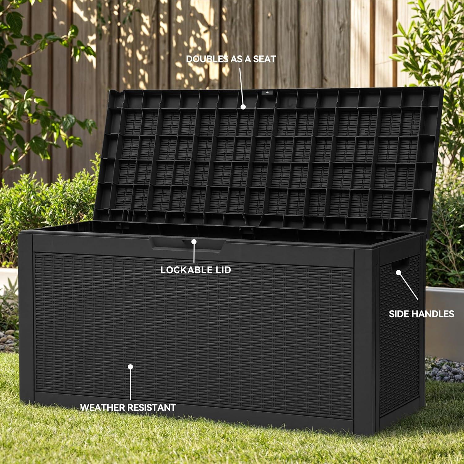 YITAHOME 32 Gallon Rattan Deck Box, Indoor Outdoor Storage Box for Patio Furniture, Pool Accessories, Cushions, Garden Tools, Sports Equipment, Waterproof Resin with Lockable Lid & Side Handles, Black