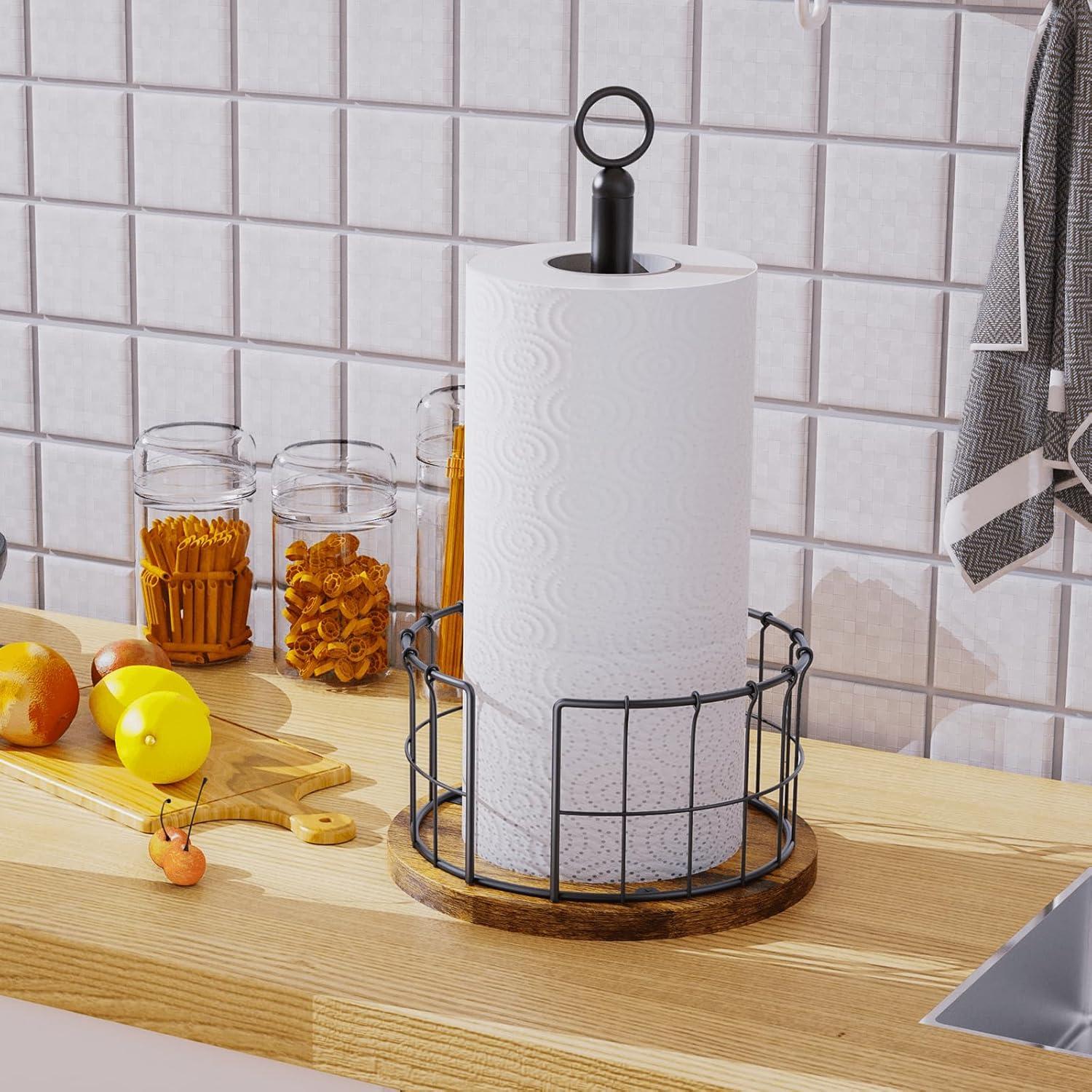 One Allium Way® Paper Towel Holder Countertop, Standing Paper Towel Roll Holder For Bathroom, Paper Towel Rack With Heavy Duty Wooden Base For Kitchen Counter, Fits Standard Or Jumbo-Sized Rolls,(Brown)