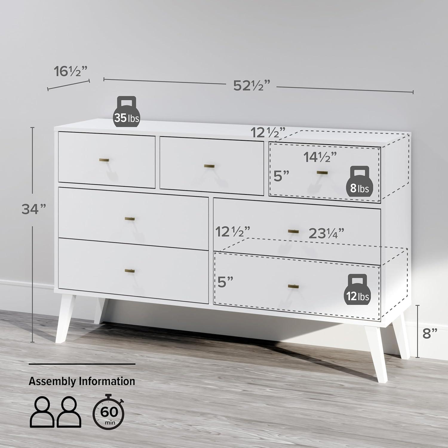 Prepac 7 Drawer Milo Mid-Century Modern Dresser White: Laminated, Metal Glides, MDF Composite