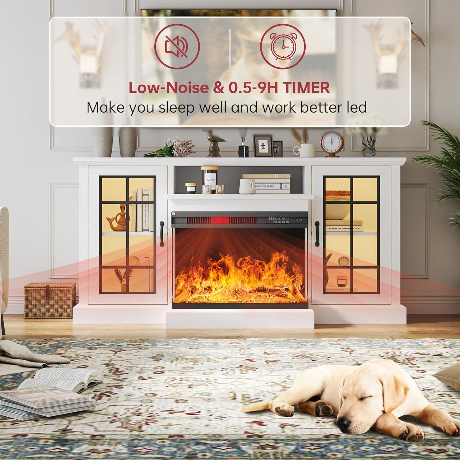 Fireplace TV Stand with 3-Sided Glass Electric Fireplace, 59" Entertainment Center, Distressed White