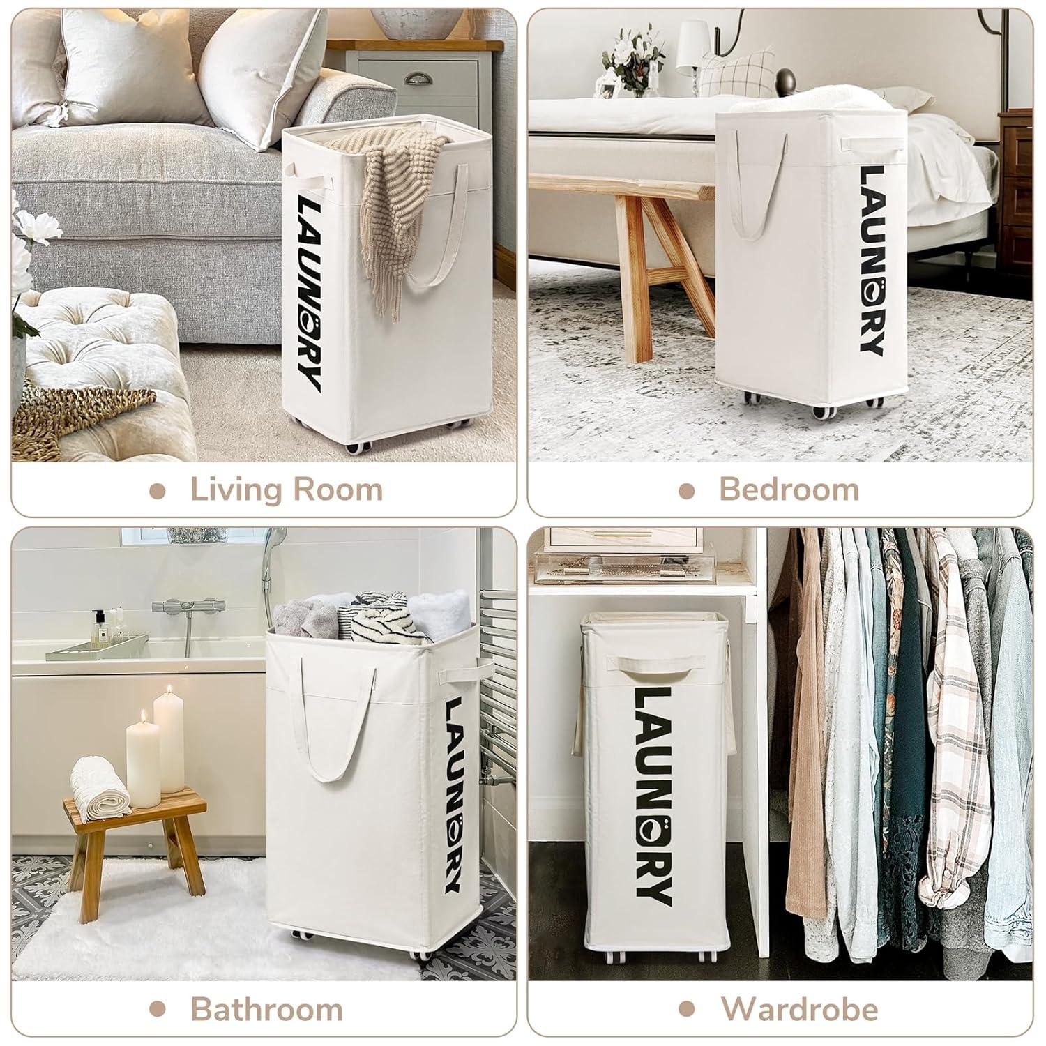 CHICVITA 2-Pack Laundry Baskets with Wheels and Handle,75L Collapsible Clothes Basket with Removable Wash Bags for Dorms and Corners, White Rolling Laundry Hamper