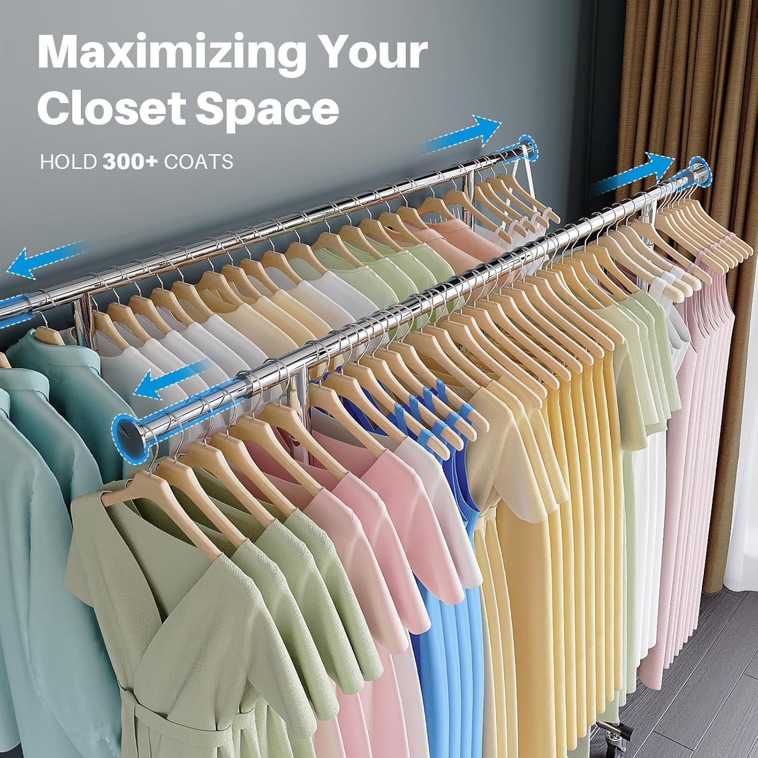 HOKEEPER Double Clothing Garment Rack with Shelves Capacity 600 lbs Clothing Racks on Wheels Rolling Clothes Rack for Hanging Clothes Heavy Duty Portable Collapsible Commercial Garment Rack Chrome