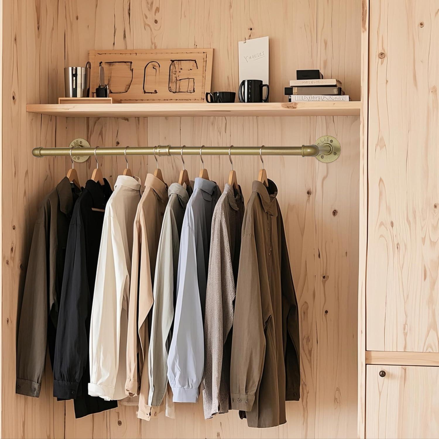 AddGrace 2 Pack Industrial Pipe Clothes Rack Gold Wall Mounted Clothing Rack for Hanging Clothes 34.5 Inch Multi-Purpose Garment Bar for Wardrobe and Laundry Room