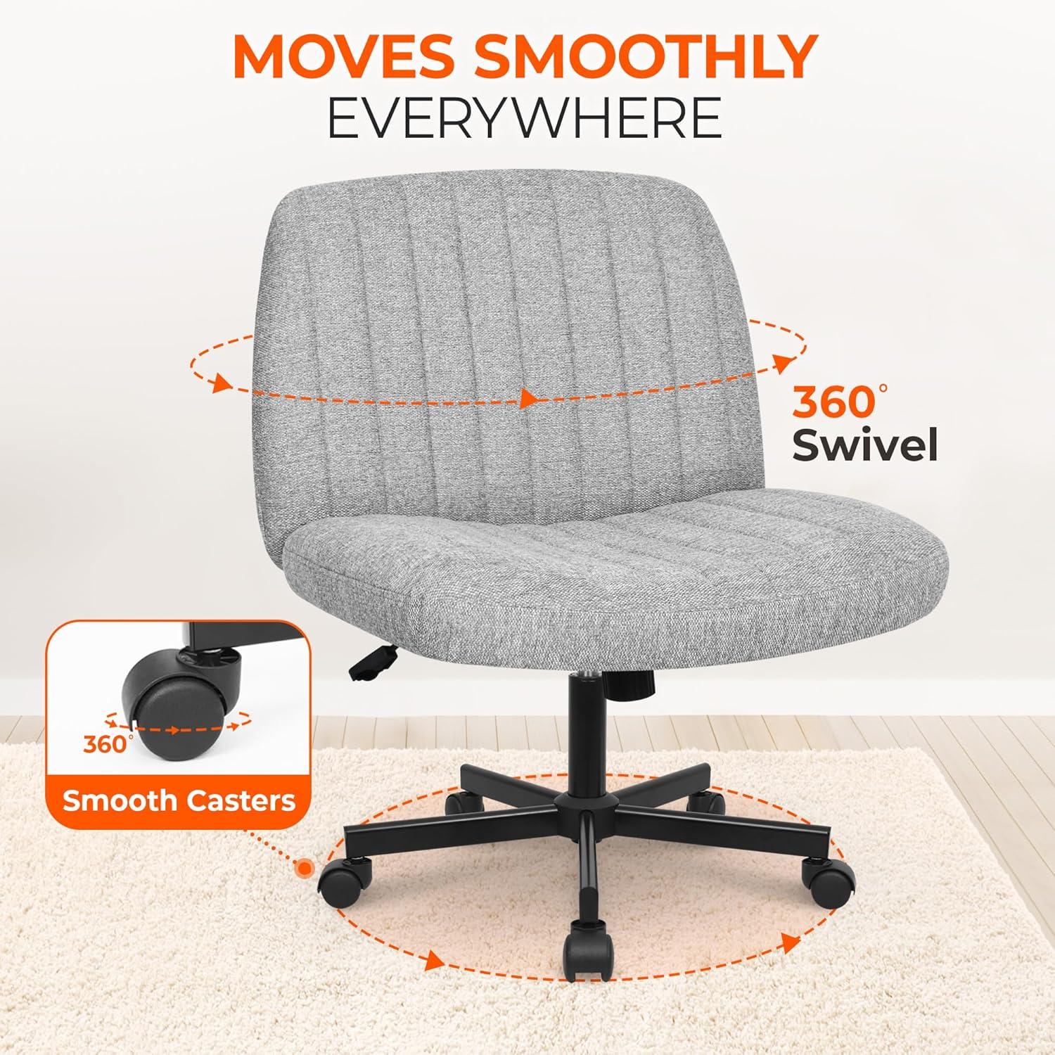 Orange Factory Criss Cross Chair with Wheels, Armless Cross Legged Office Desk Chair, Wide Comfy Vanity Rolling Swivel Modern Comfortable Fabric Computer Task Chairs for Home Office (Grey)