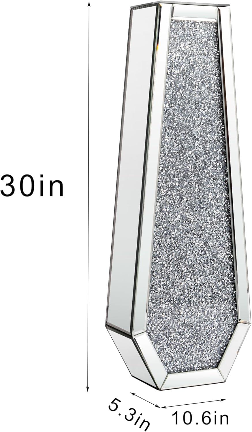 30" Tall Silver Glass Floor Vase with Crushed Diamond Mirror