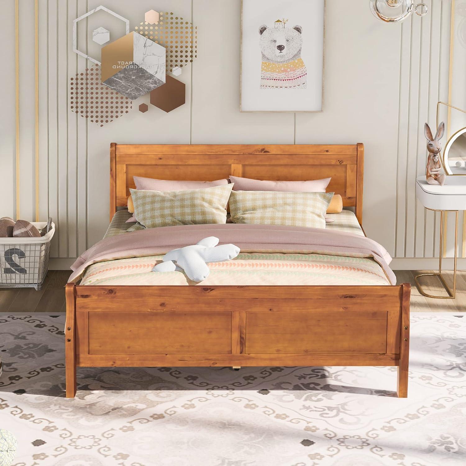 Oak Queen Platform Bed with Headboard and Storage