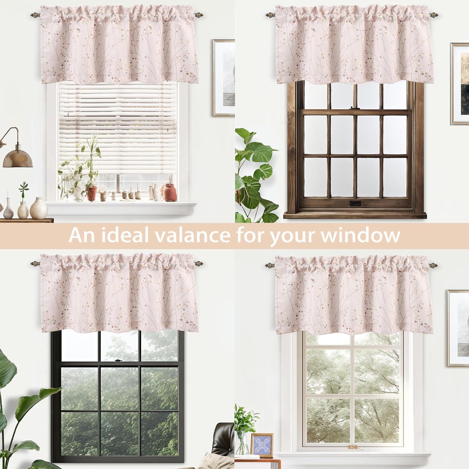 DriftAway Harper Floral Pattern Window Treatment Valance, Rod Pocket, 50"x18"+2" Header (Beige)