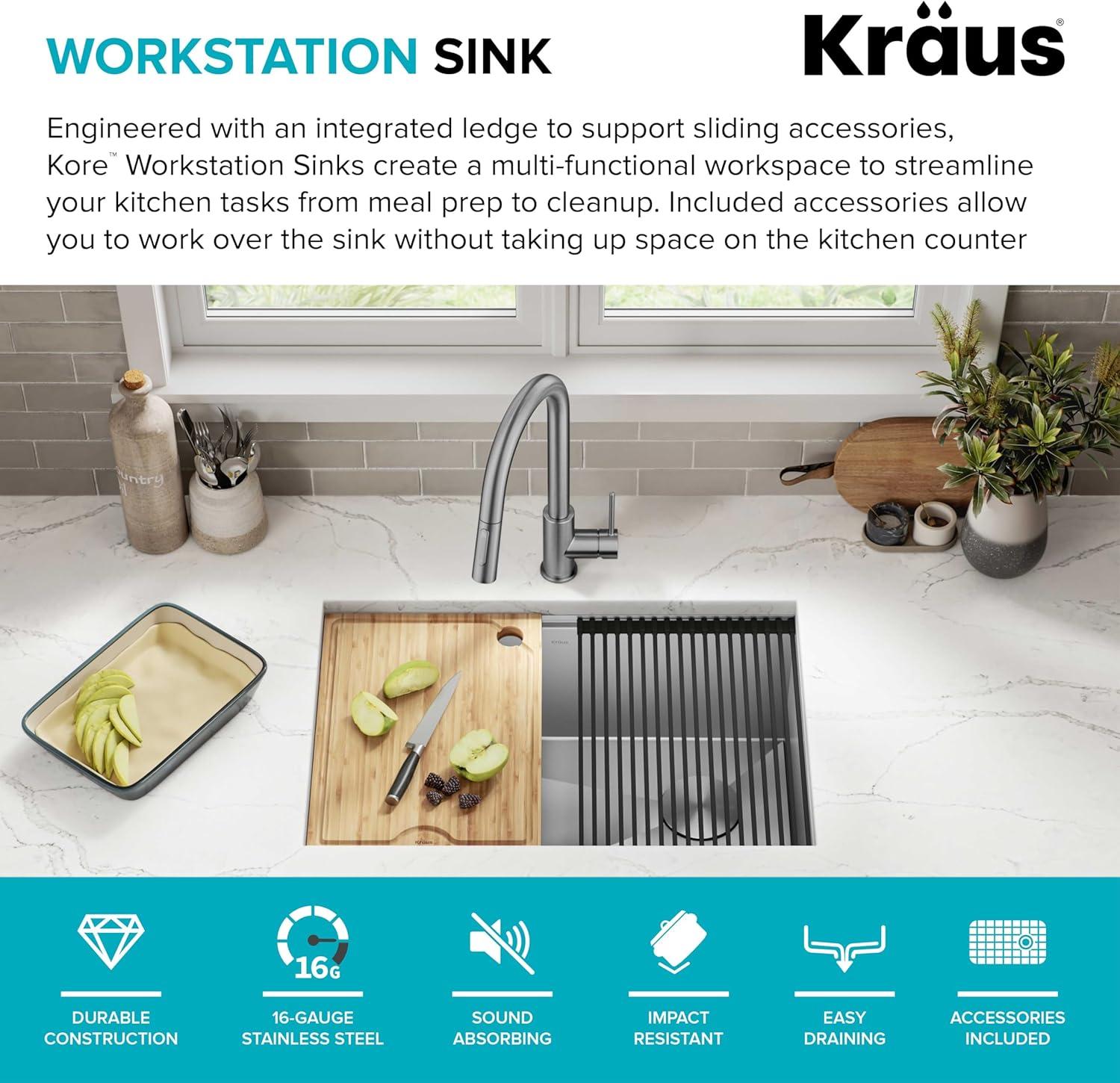 KRAUS Kore™ 28" L Undermount Workstation 16 Gauge Stainless Steel Single Bowl Kitchen Sink with Accessories