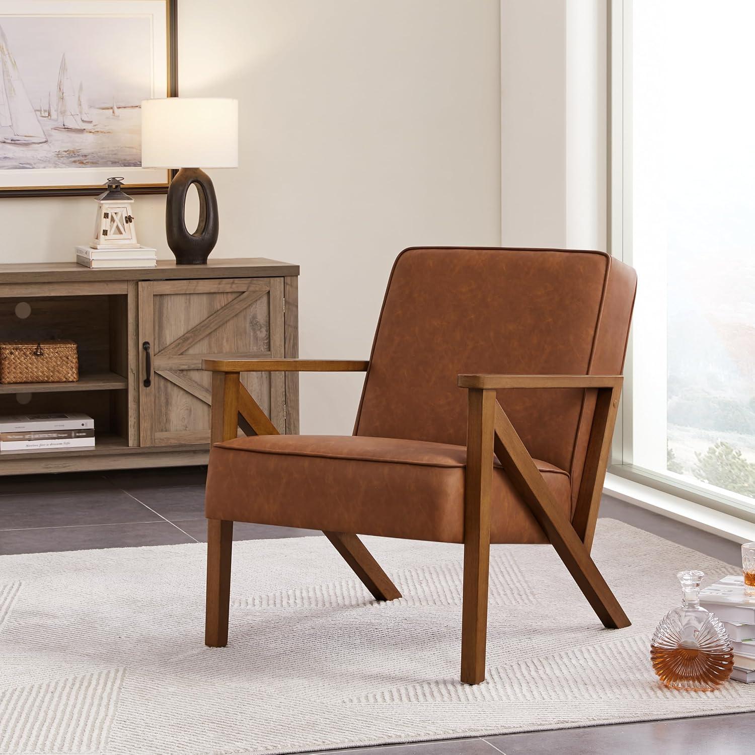 Yaheetech Faux Leather Armchair Accent Chair with Wood Legs for Living Room, Light Brown