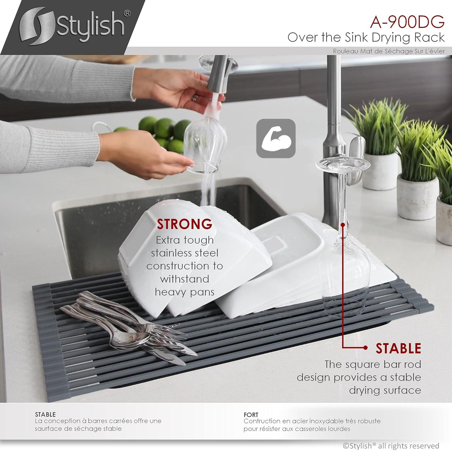 STYLISH Over The Sink Roll Up Dish Drying Rack Heat Resistant Trivet for Drying Dishes and Rinsing Vegetables Dark Grey A-900DG