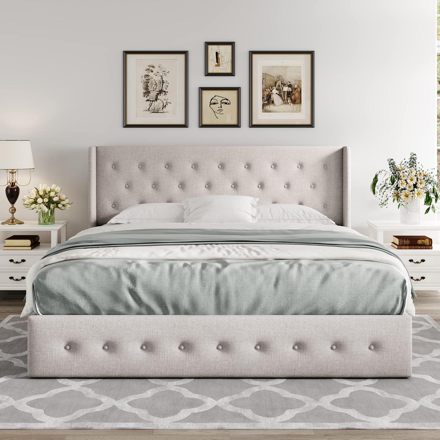 Queen Size Upholstered Wood Frame Bed with Lift Up Storage and Tufted Headboard