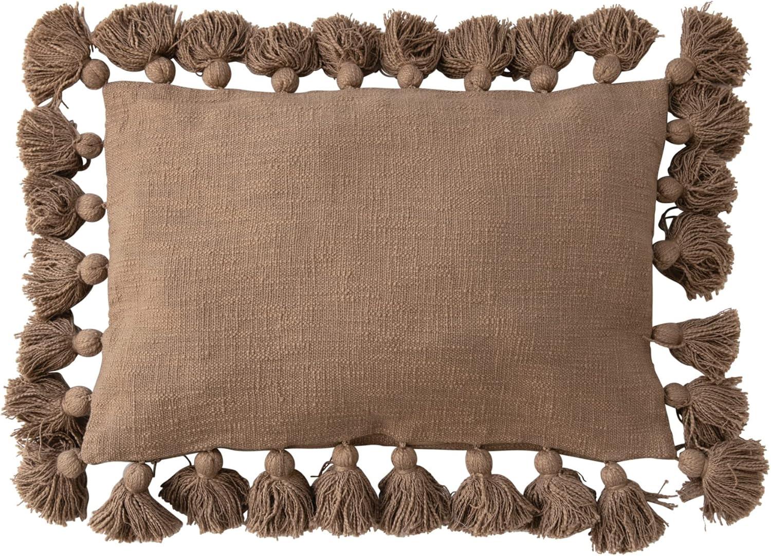 Brown Woven Cotton Lumbar Pillow with Tassels