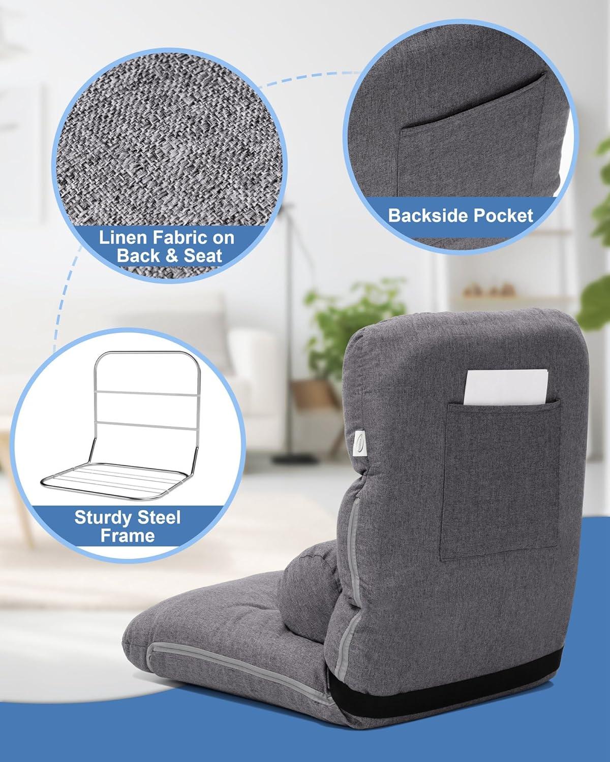 Crestlive Products Living Room Accent Chair Adjustable Floor Chair Folding Upholstery Recliner for Meditation or Game Grey