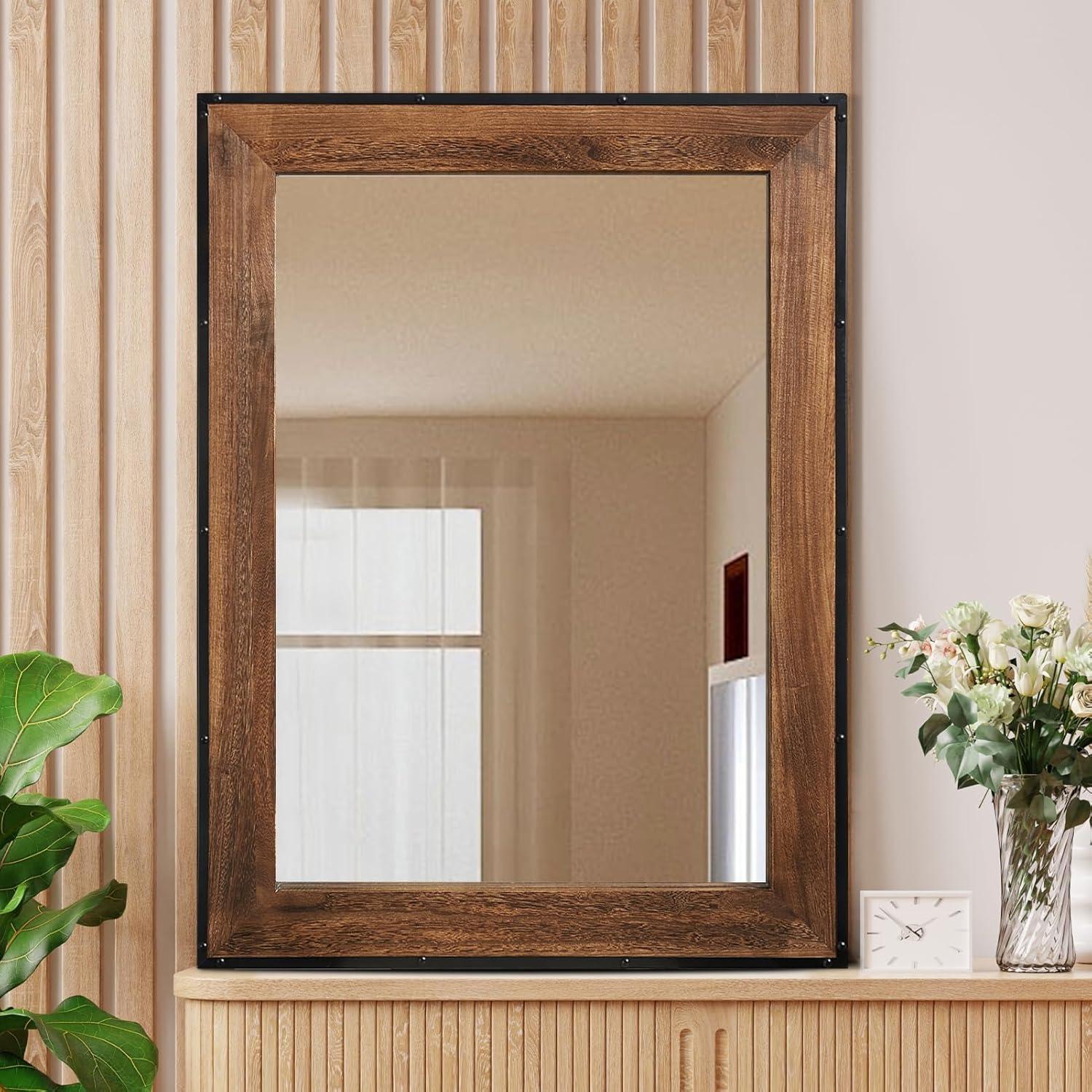 Rustic Natural Wood and Iron Rectangular Wall Mirror