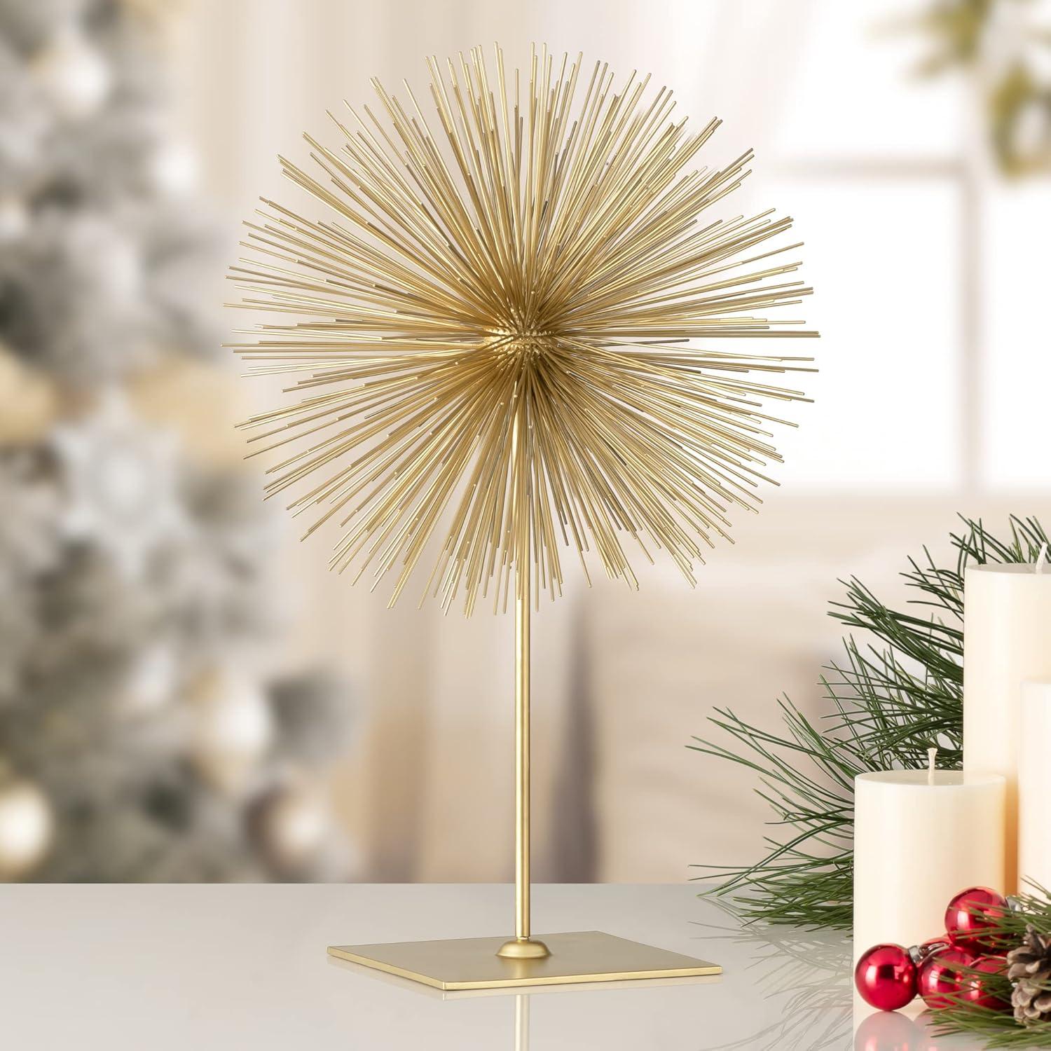 Gold Metal Starburst Sculpture on Stand, 18" Tall