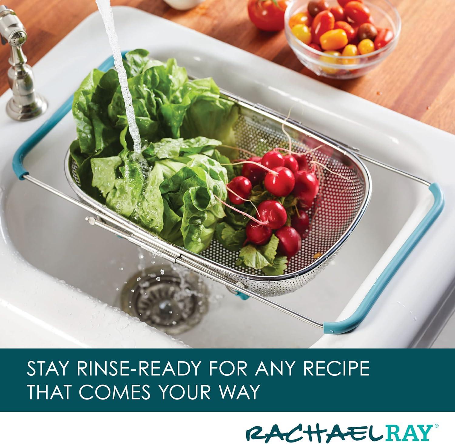 Rachael Ray Tools and Gadgets Over-the-Sink Stainless Steel Colander, 4.5 Quart, Agave Blue Handles