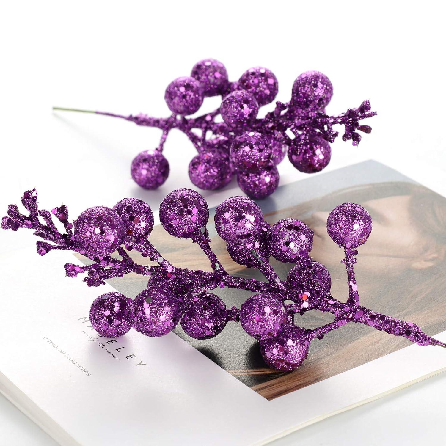 Glitter Berry Stems, 12pcs Christmas Berry Picks Artificial Fruit Berry Stem Branch Christmas Tree Garland Decorations for Holiday Party Purple