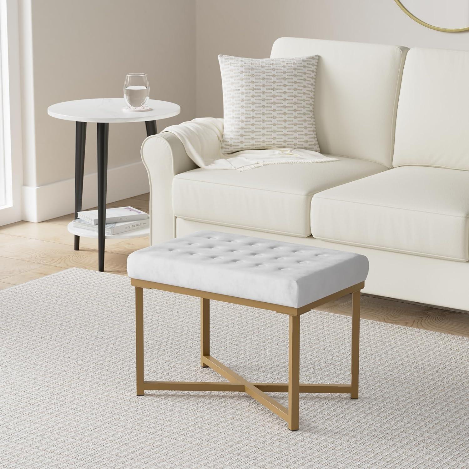 Tufted Velvet Ottoman - Silver - HomePop: Upholstered Footstool, Metal Legs, Polyester Fabric