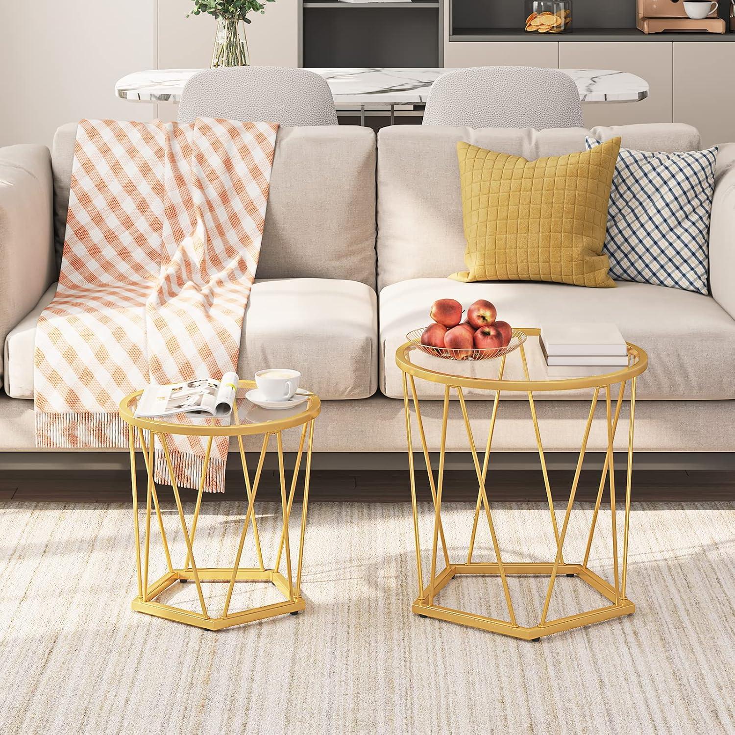 Small Coffee Table Set of 2, Round Coffee End Table with Metal Frame, Glass Top, Gold Side Table for Living Room, Bedroom and Balcony, Modern Style, Gold GD79BZ01