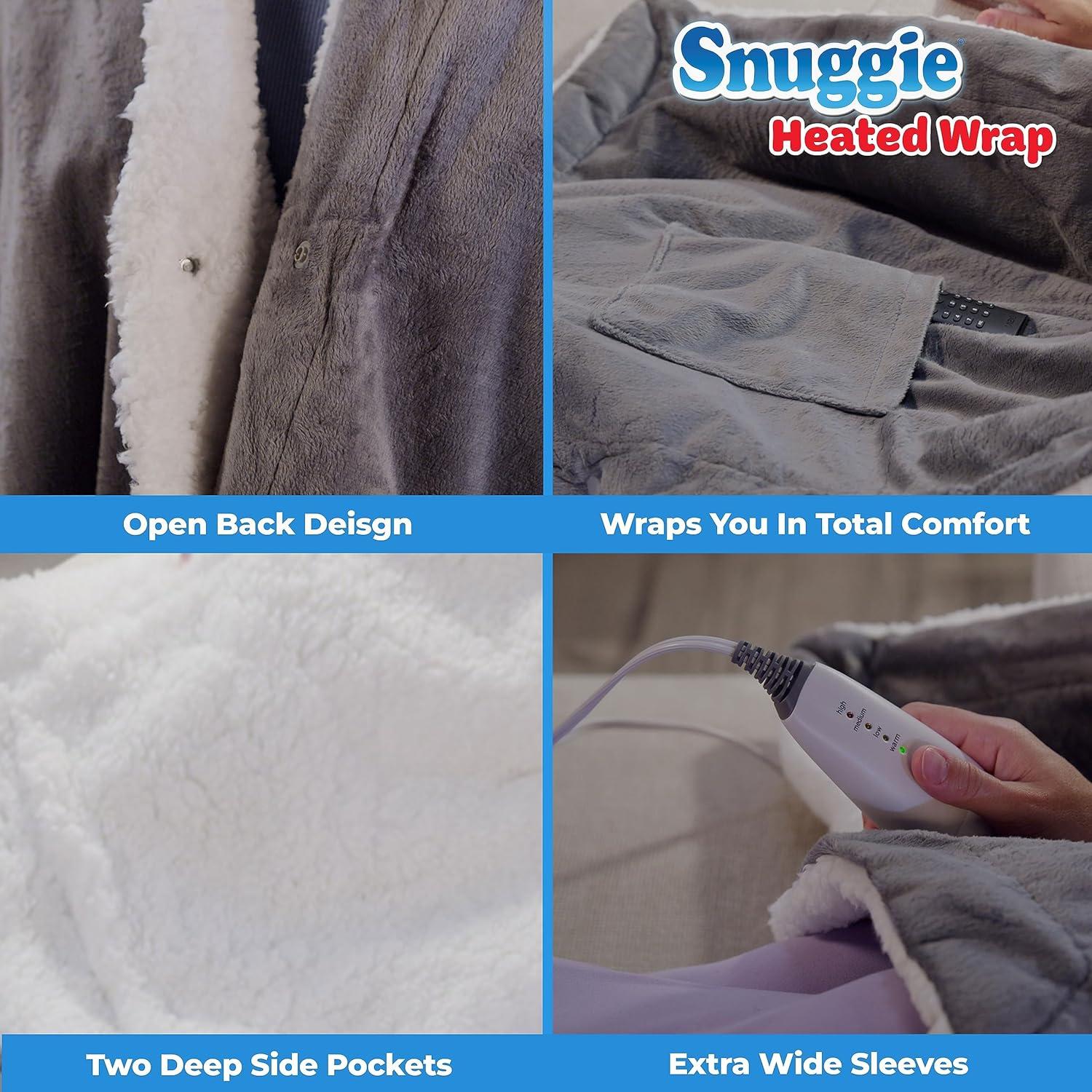 Snuggie Heated Wrap - Wearable Heated Electric Blanket with 4 Heat Settings, Auto Off, 50" x 60" Machine Washable, Warm, Cozy, Super Soft Sherpa, Functional Shawl for Adults- Grey