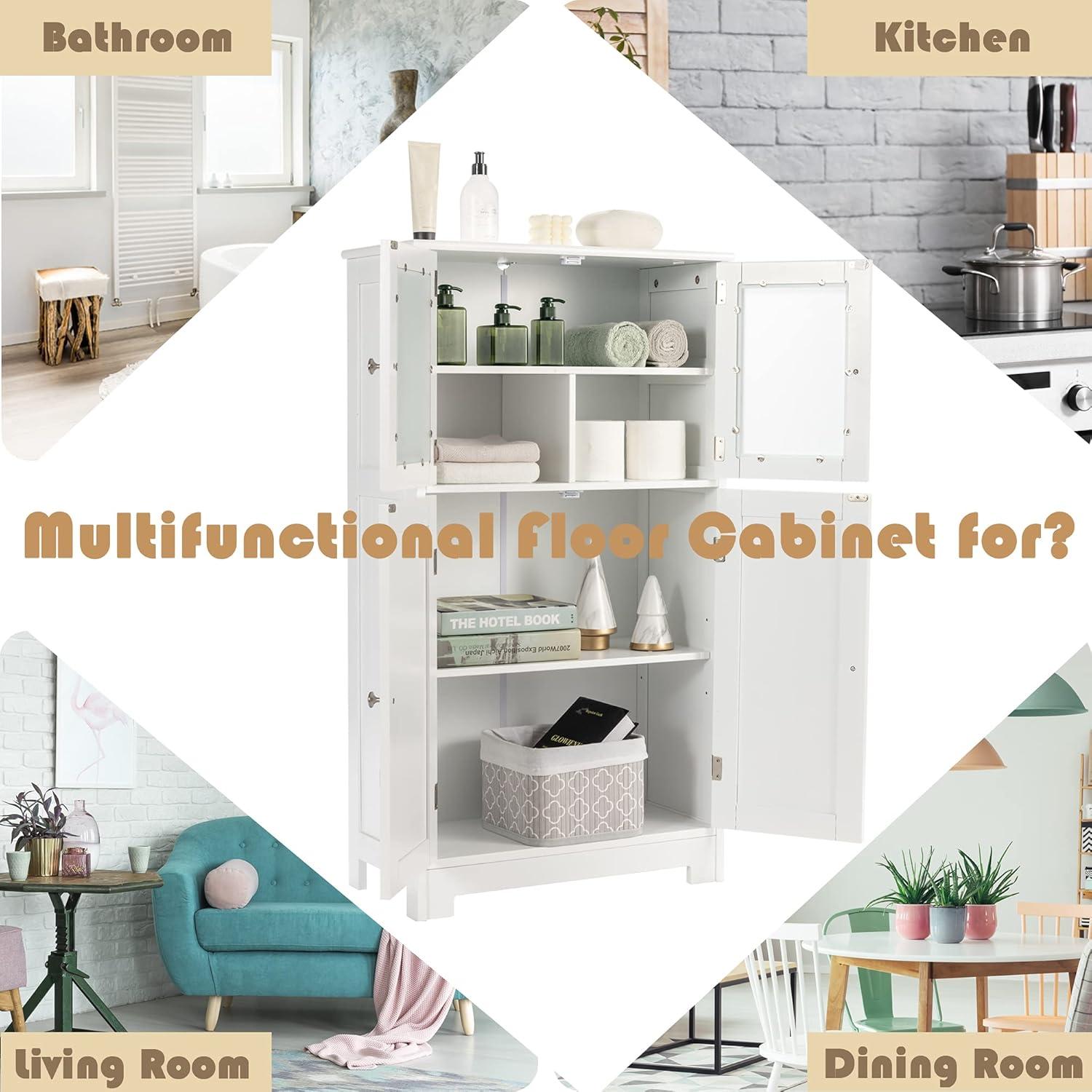 White MDF Bathroom Floor Cabinet with Adjustable Shelving