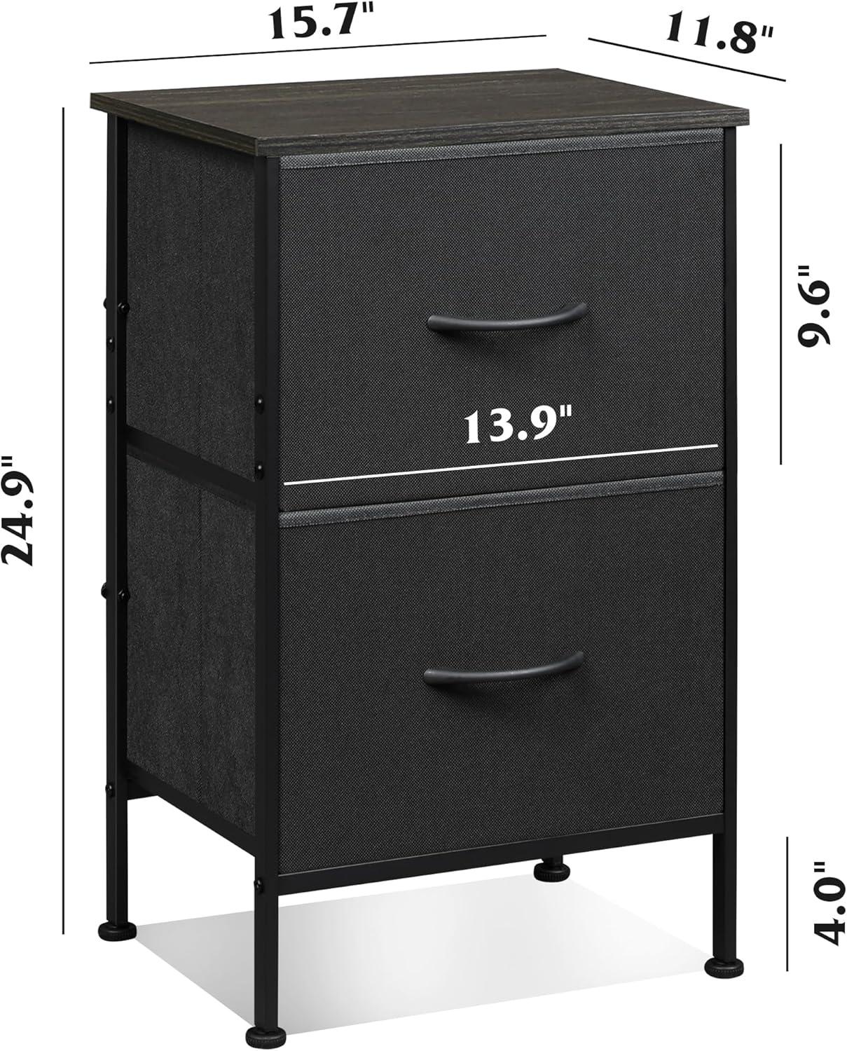 Black Fabric 2-Drawer Nightstand with Steel Frame