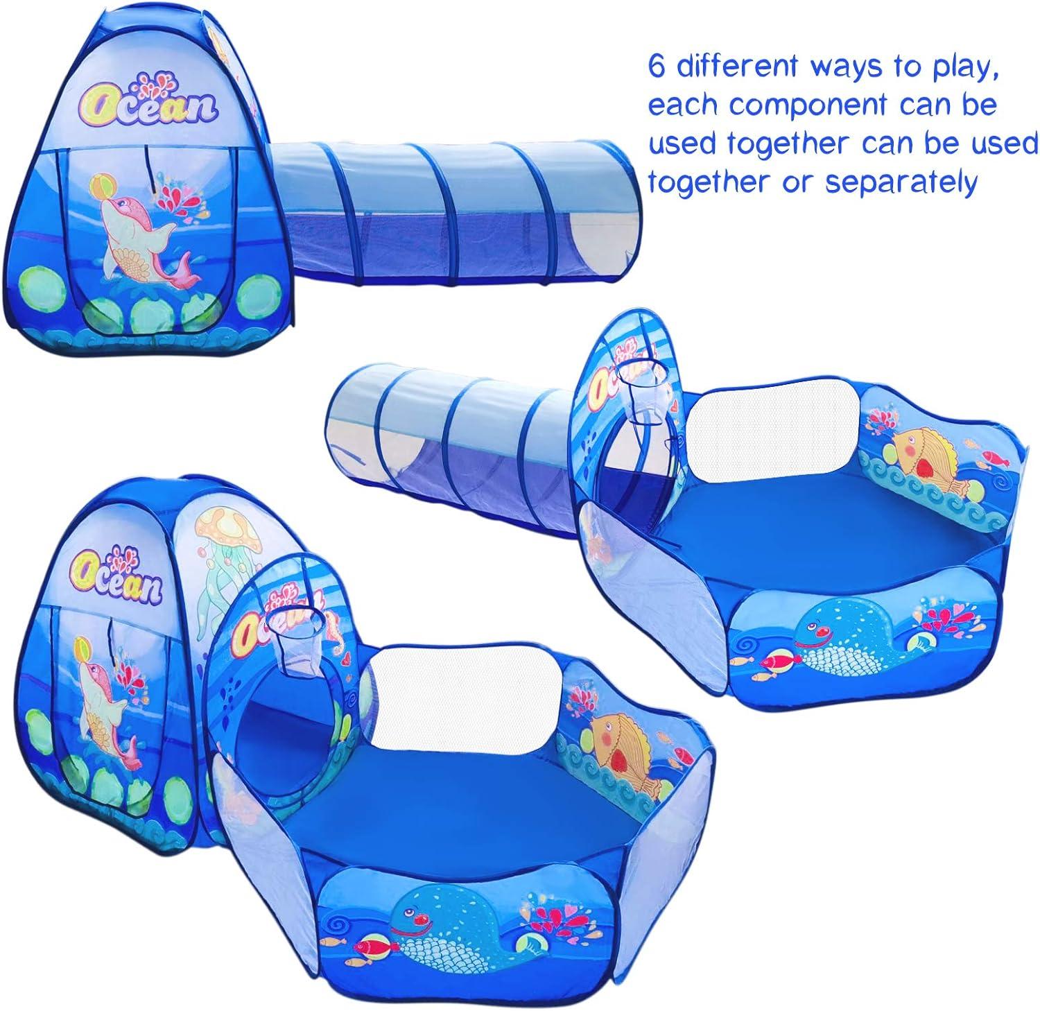 Blue Ocean 3-Piece Kids Play Tent with Tunnel and Ball Pit