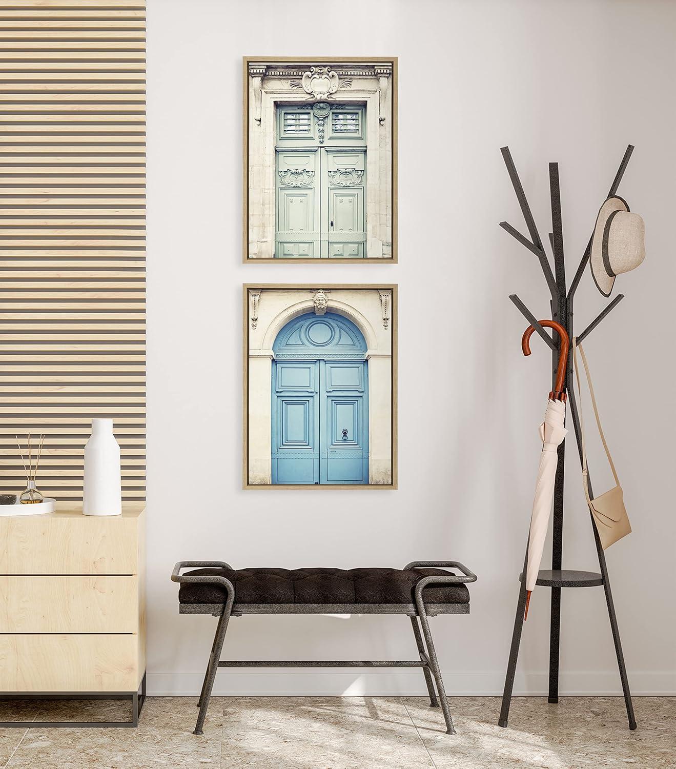 Kate and Laurel Sylvie Classic Parisian Door and Blue Paris Door Framed Canvas Wall Art Set by Caroline Mint, 2 piece 18x24 Natural, French Architecture Wall Art Set for Home Decor