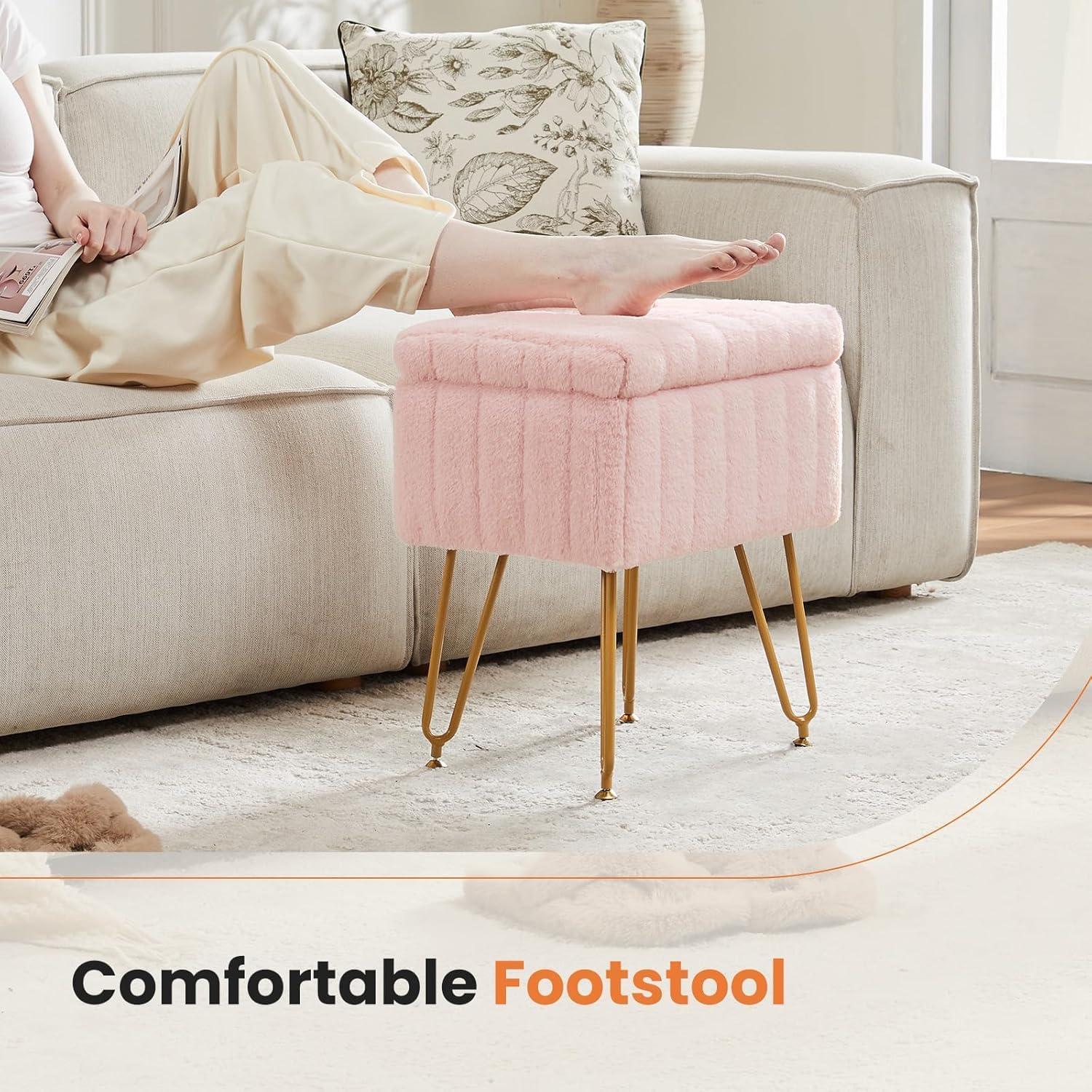 Vanity Stool Chair with Storage, Ottoman Faux Fur Soft Padded Makeup Footstools Seat with 4 Metal Legs