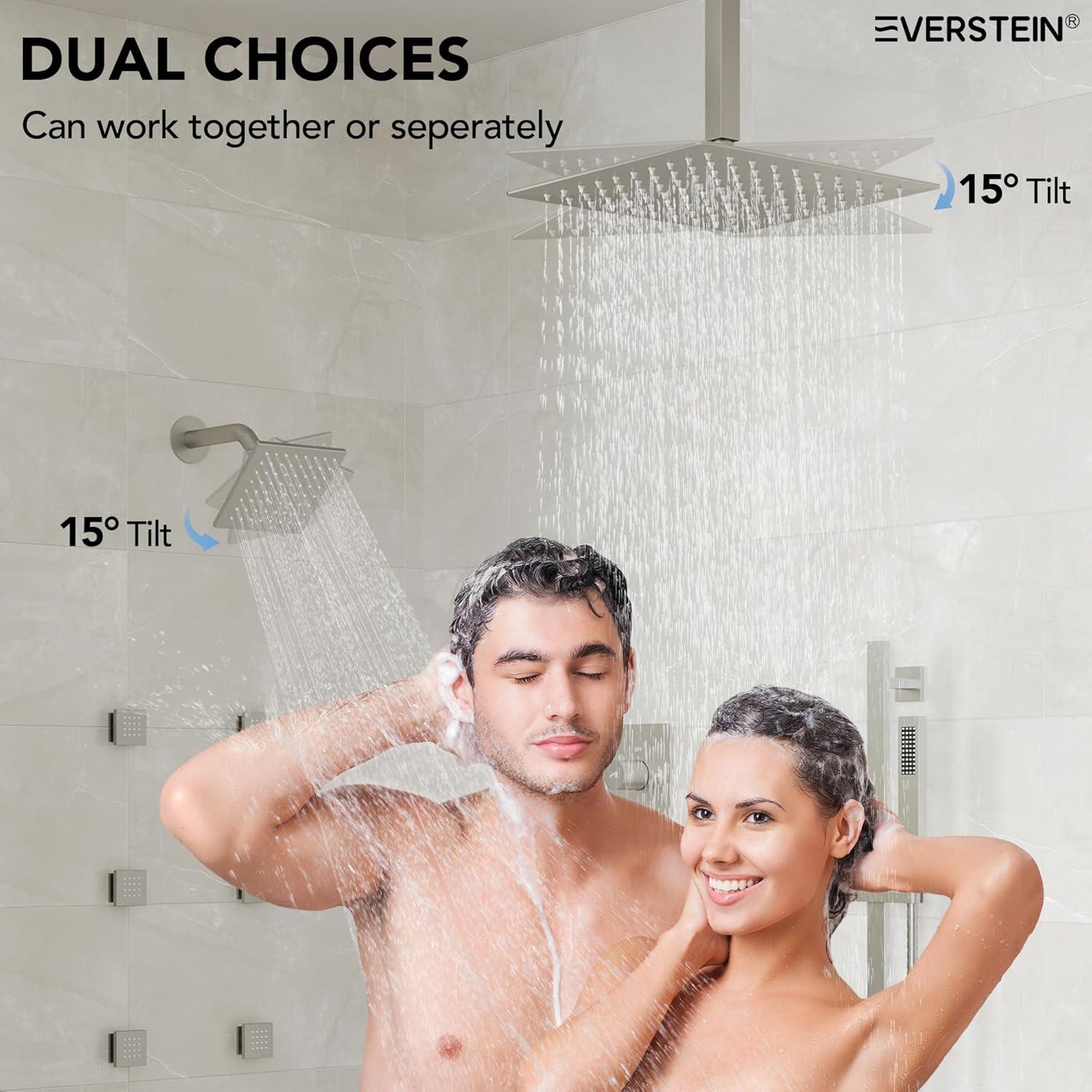 DualJetSpa 15-Spray Patterns 16" & 6" Dual Shower Head, Shower FaucetSystem with Thermostatic Rough-in Valve and Body Jets