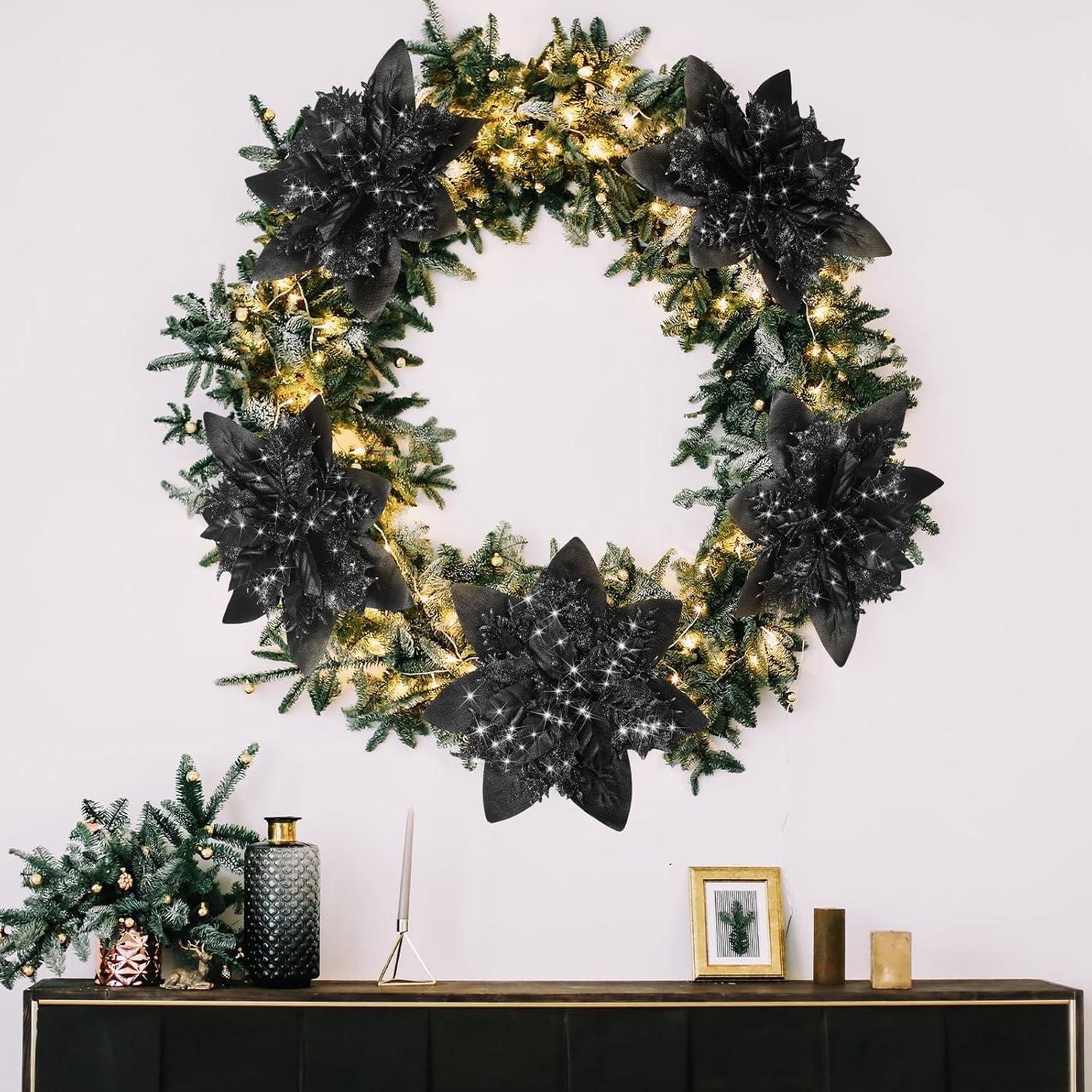 Glitter Christmas Poinsettia Artificial Xmas Flower Ornaments Flowers Decorations with Clips and Stems Glitter Poinsettia Christmas Tree Ornaments for Christmas Wedding (Black,36 Pieces)