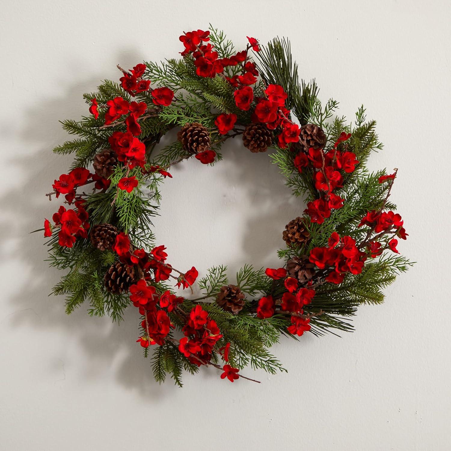 Nearly Natural Plum Blossom Pine Wreath (24"): Faux Floral Wall Decor for Indoor, Unlit Winter Display