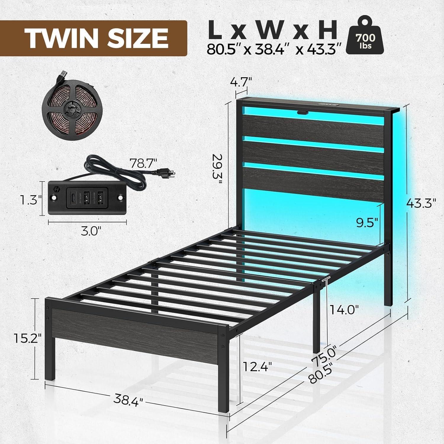 Twin Black Metal Bed Frame with LED Lighted Headboard and Storage